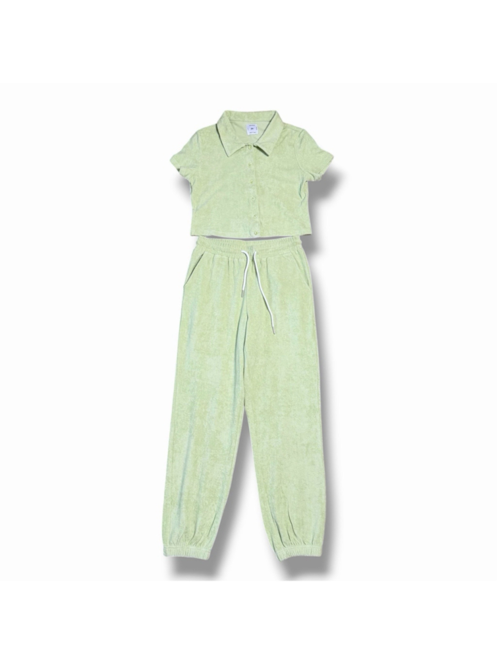 Yllw The Label Green Terry Clothe Lounge Beach Set Green Pants Crop Collar Top M